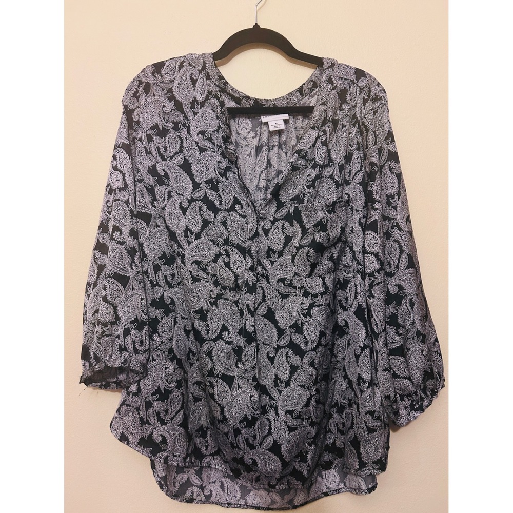 Liz Claiborne Paisley Blouse Womens XL Black White Excellent 3/4 Sleeve V-Neck